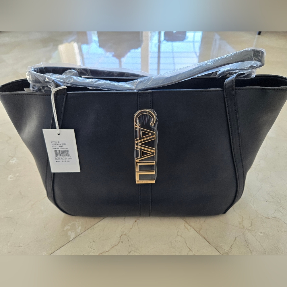 NWT. Cavalli Class Black Leather Bag (SANDRA Shopper)